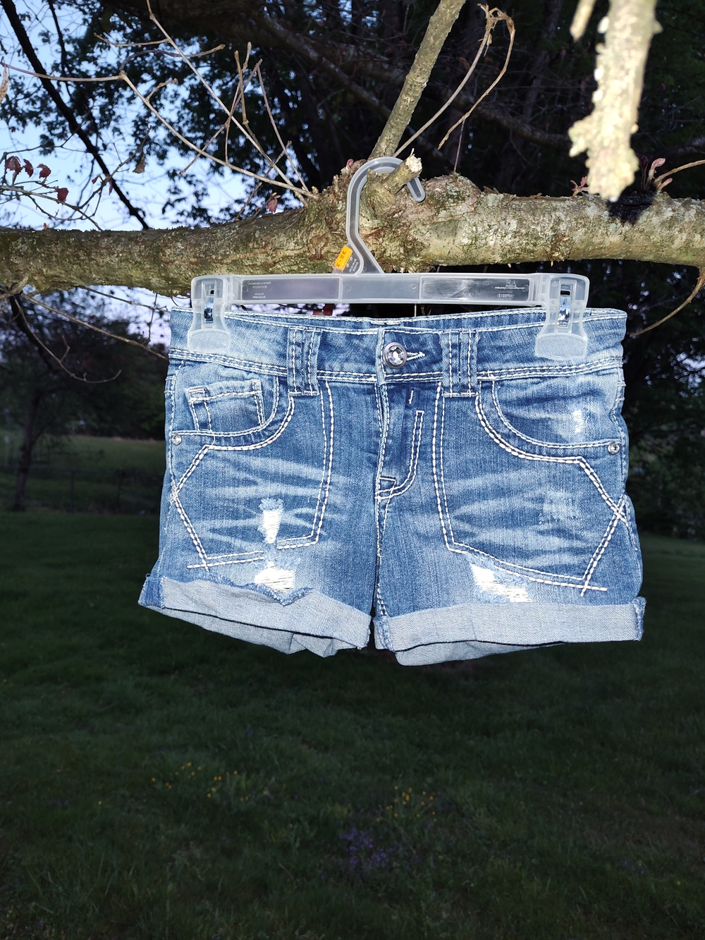 Classic Blue Denim Women's Rolled Hem Low Rise Waist Distressed Shorts